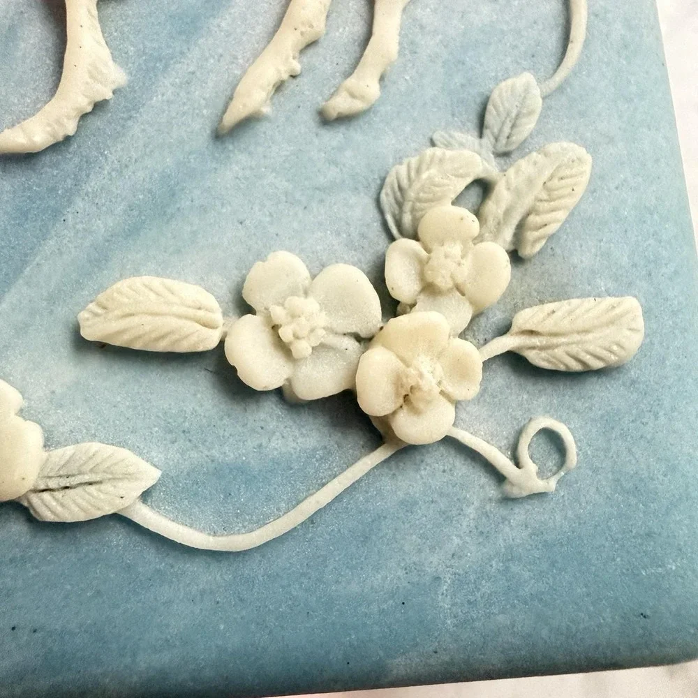 VTG 80s Genuine Incolay Stone Unicorn Mother Baby Trinket Box Powder Blue White